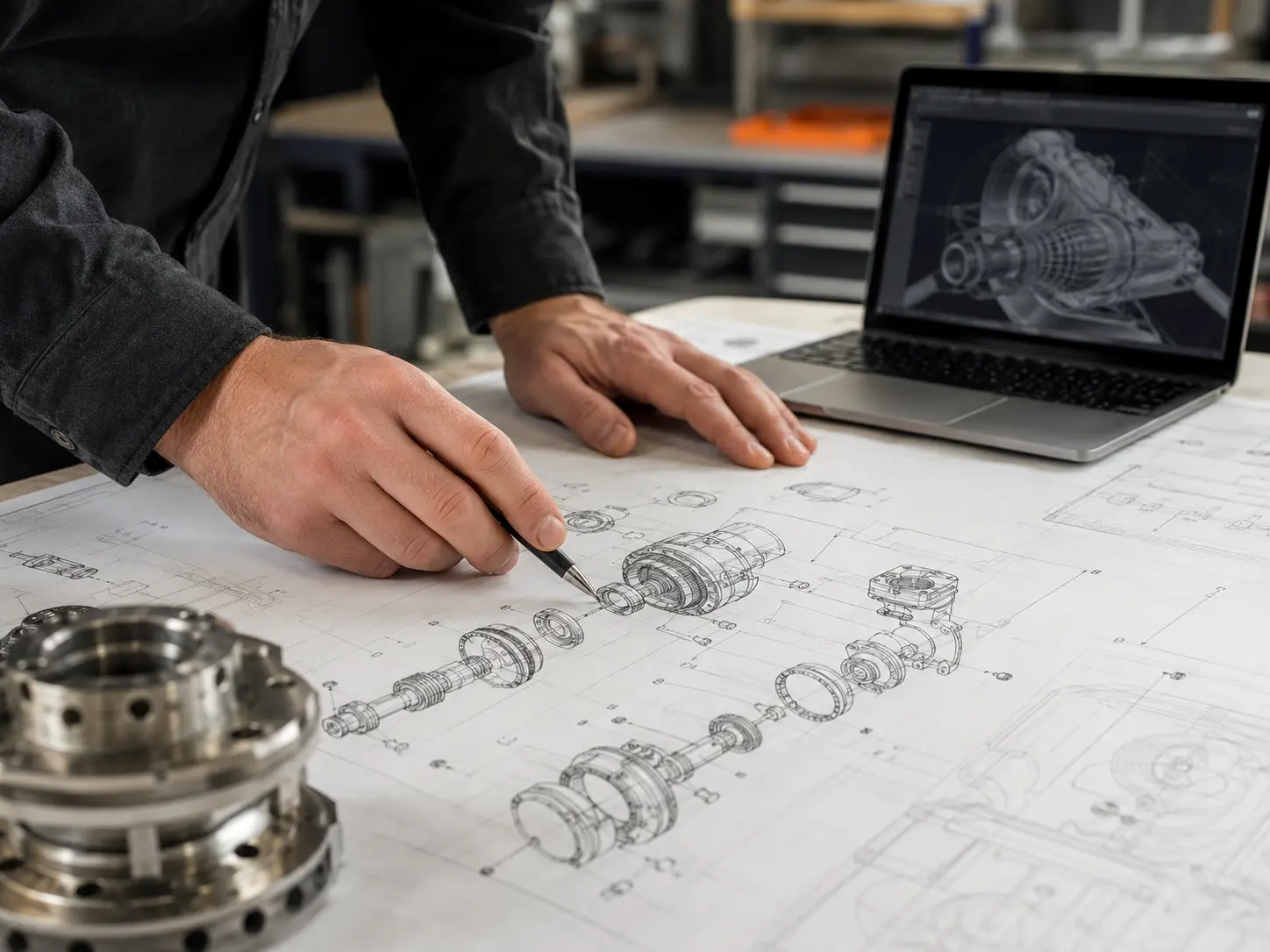 Engineer reviewing aerospace technical drawings and digital models